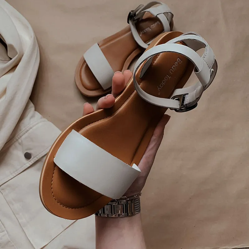 Joskaa  Sandals Women Genuine Cow Leather Wraparound Ankle Strap Metal Buckle Female Outdoor Summer Flat Shoes Handmade 32344