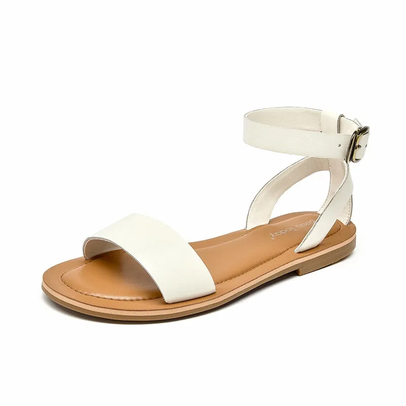 Joskaa  Sandals Women Genuine Cow Leather Wraparound Ankle Strap Metal Buckle Female Outdoor Summer Flat Shoes Handmade 32344