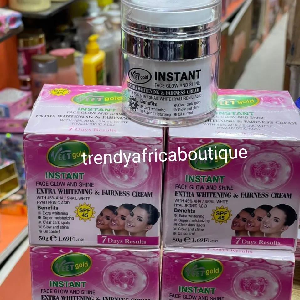 Veet gold instant face glow and shine extra whitening & fairness  face cream. 50gx1 jar. 45% AHA, snail slime   hyaluronic acid.  SPF 45.