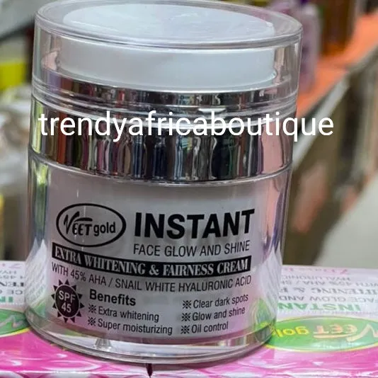 Veet gold instant face glow and shine extra whitening & fairness  face cream. 50gx1 jar. 45% AHA, snail slime   hyaluronic acid.  SPF 45.