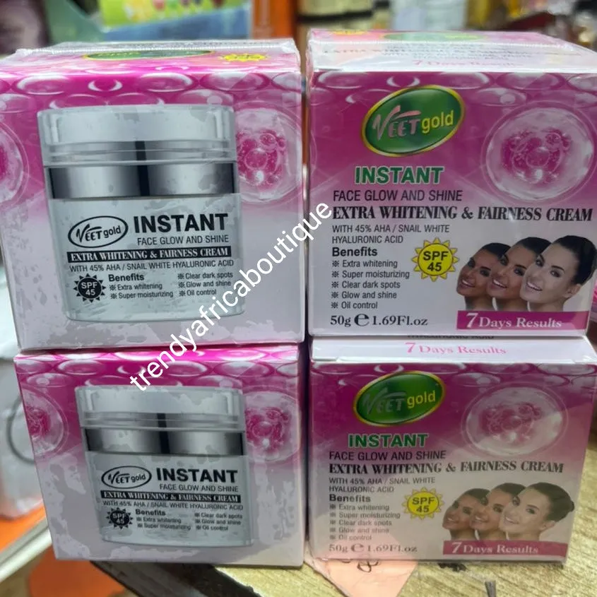 Veet gold instant face glow and shine extra whitening & fairness  face cream. 50gx1 jar. 45% AHA, snail slime   hyaluronic acid.  SPF 45.